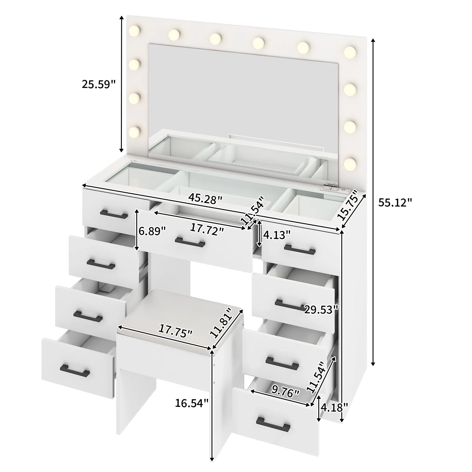 Ktaxon Large Makeup Vanity, Vanity Table Set w/Visible Glass Top w/Charging Station, White