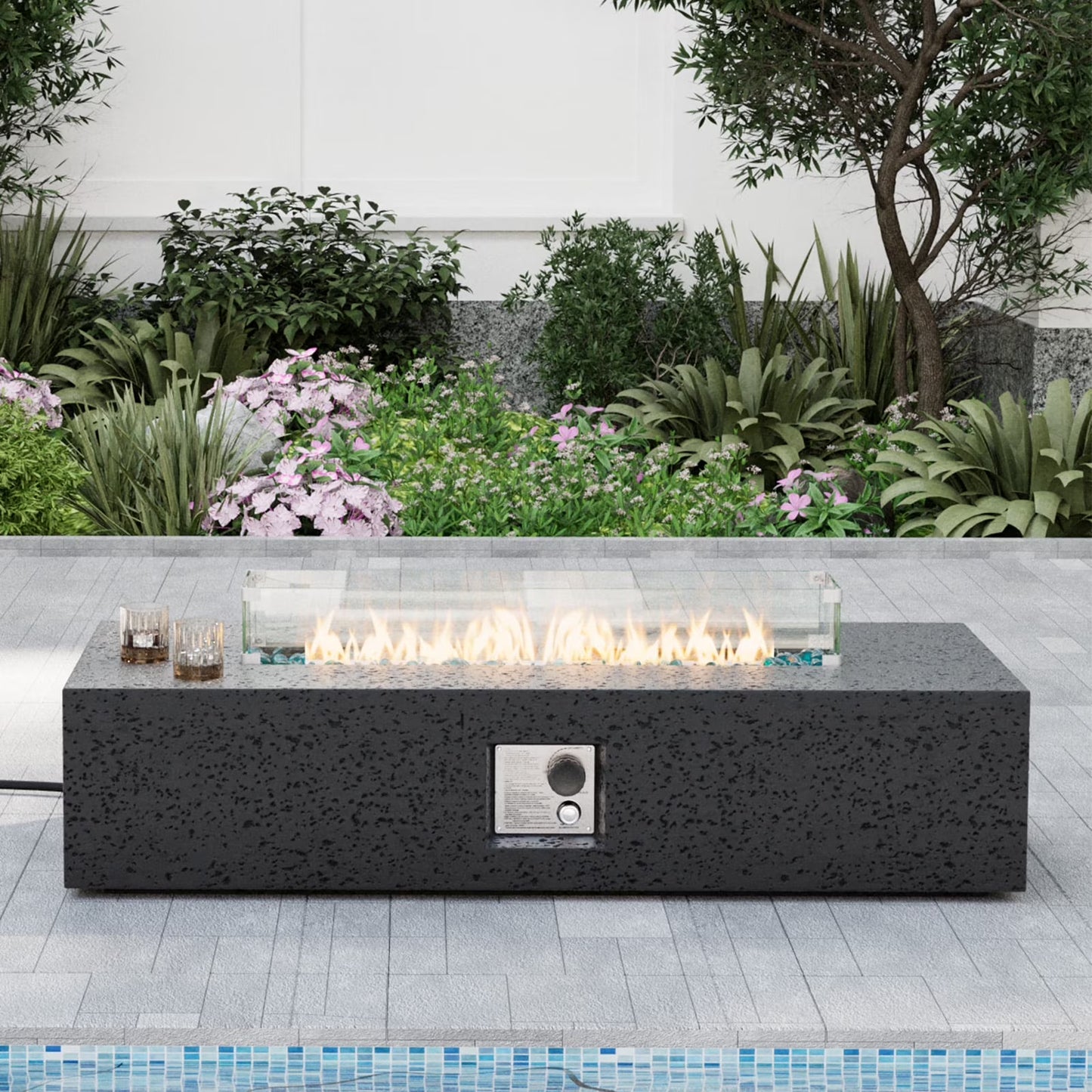 COSIEST Outdoor Rectangular Propane Fire Pit Table, Terrazzo White Concrete Finish, 50,000 BTU Stainless Steel Burner with Glass Wind Guard, Rain Cover