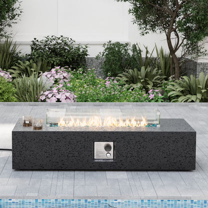 COSIEST Outdoor Rectangular Propane Fire Pit Table, Terrazzo White Concrete Finish, 50,000 BTU Stainless Steel Burner with Glass Wind Guard, Rain Cover