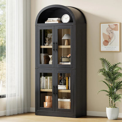 NEILA Arched Bookshelf with Doors - Glass Doors - 15.83 inches deep by 71.4 inches tall rustic ambiance premium wood display cabinet for living room, kitchen and office,Glass Door_Black