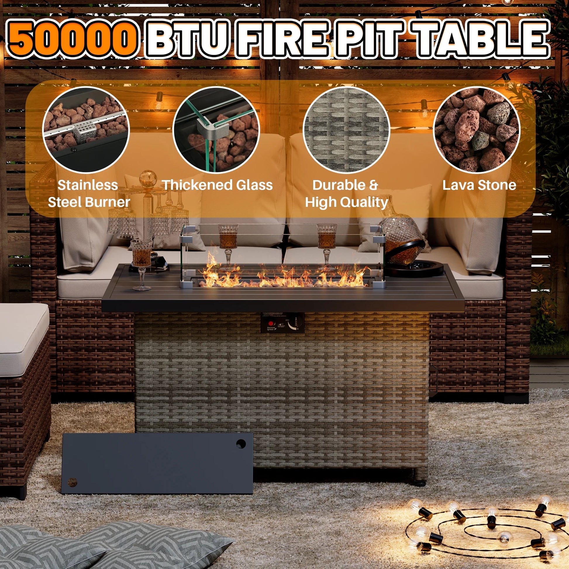 44 Inch Outdoor Wicker Fire Pit Table, 50000 BTU Propane Fire Pits with Glass Wind Guard and Lid, Patio Gas Fire Pit for Outside Patio and Garden(Brown)