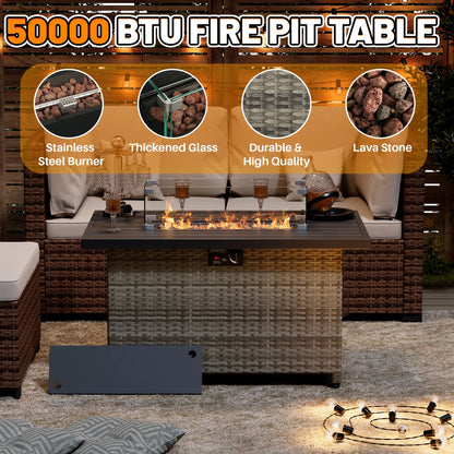 44 Inch Outdoor Wicker Fire Pit Table, 50000 BTU Propane Fire Pits with Glass Wind Guard and Lid, Patio Gas Fire Pit for Outside Patio and Garden(Brown)