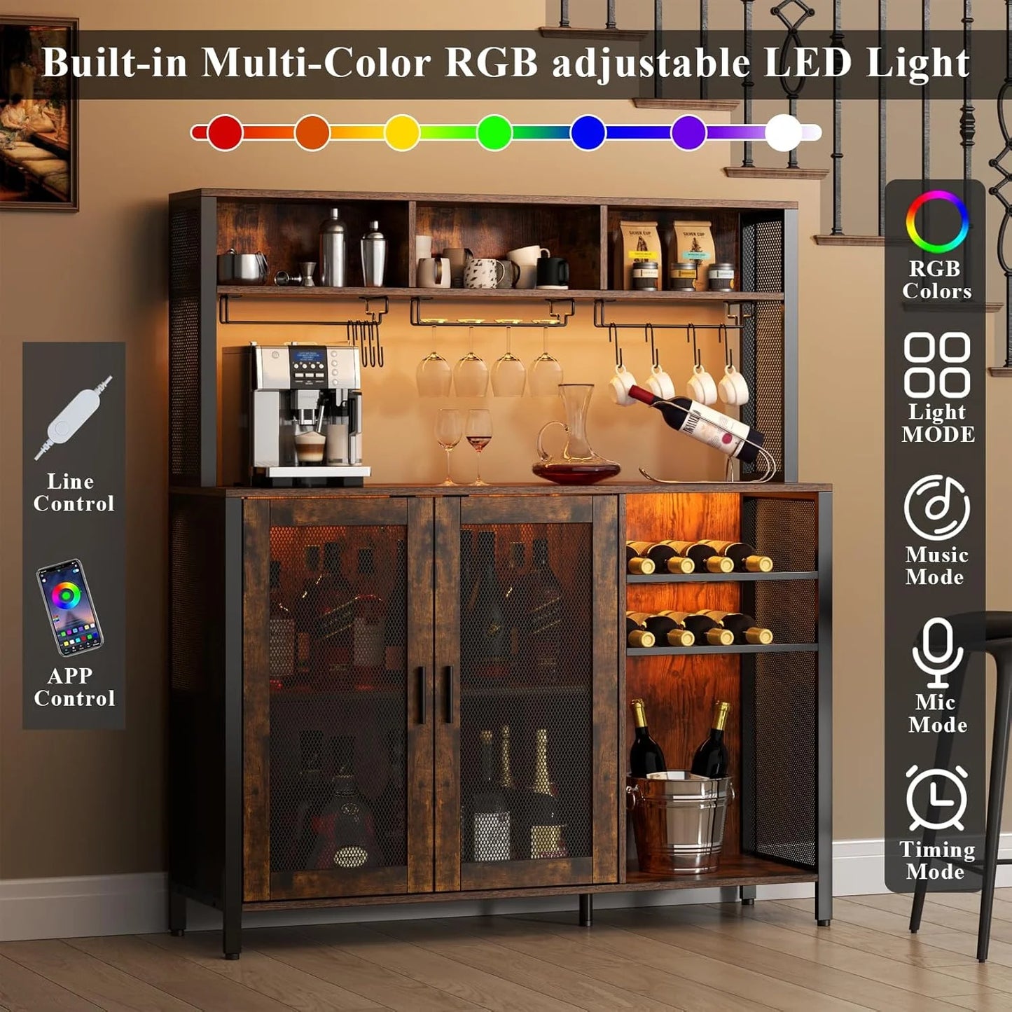 Wine Bar Cabinet with LED Lights, Rustic Brown Industrial Coffee Bar Station with Wine Rack, Glass Holder & 3 Storage Compartments, Liquor Buffet Sideboard for Kitchen & Dining Room