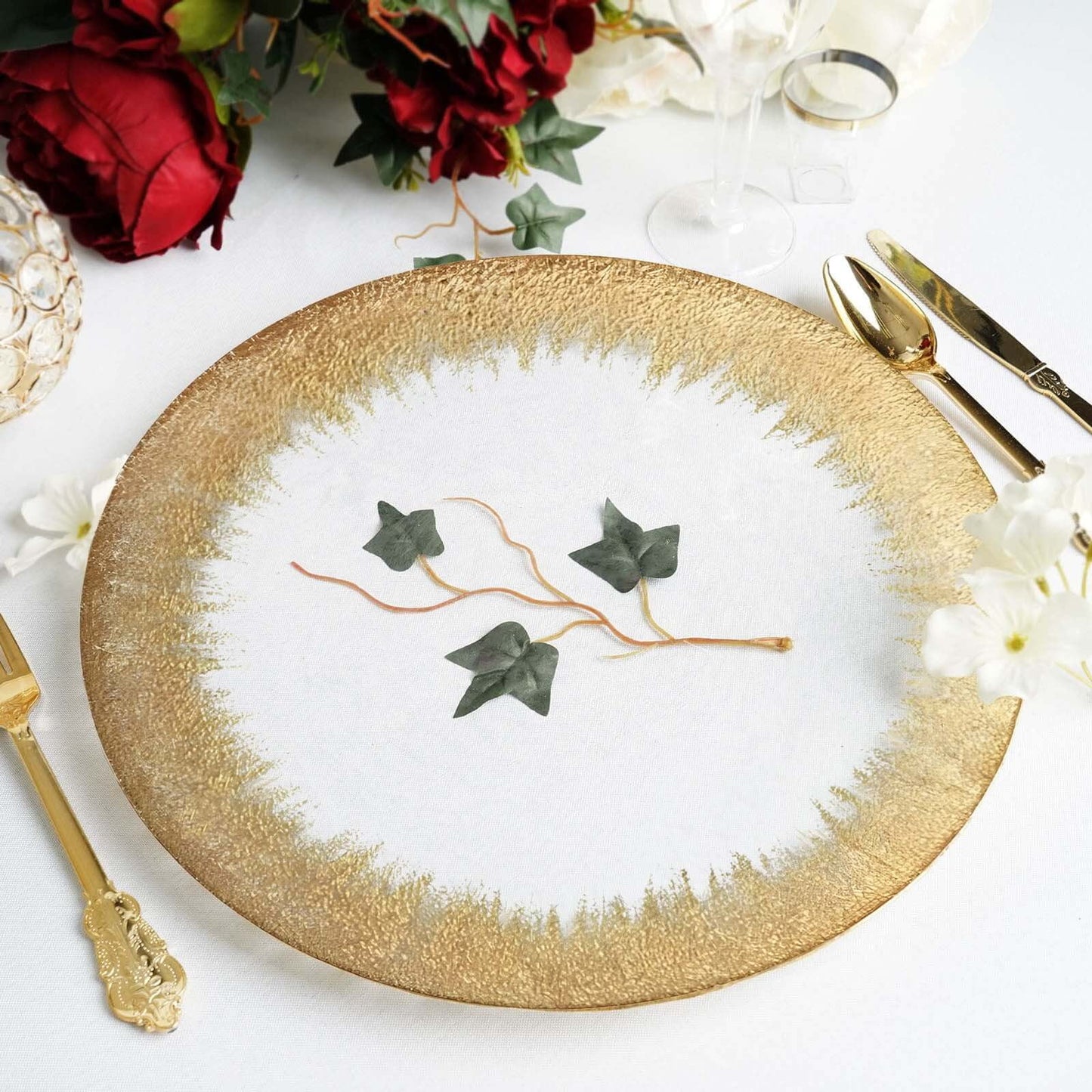 Efavormart 8 Pack - 13" Gold Glass Charger Plates Reusable Rim Charger Plates Spray Design Plates - Perfect for Wedding , Party Decorations, Banquet, Upscale Occasions, Birthday Celebrations