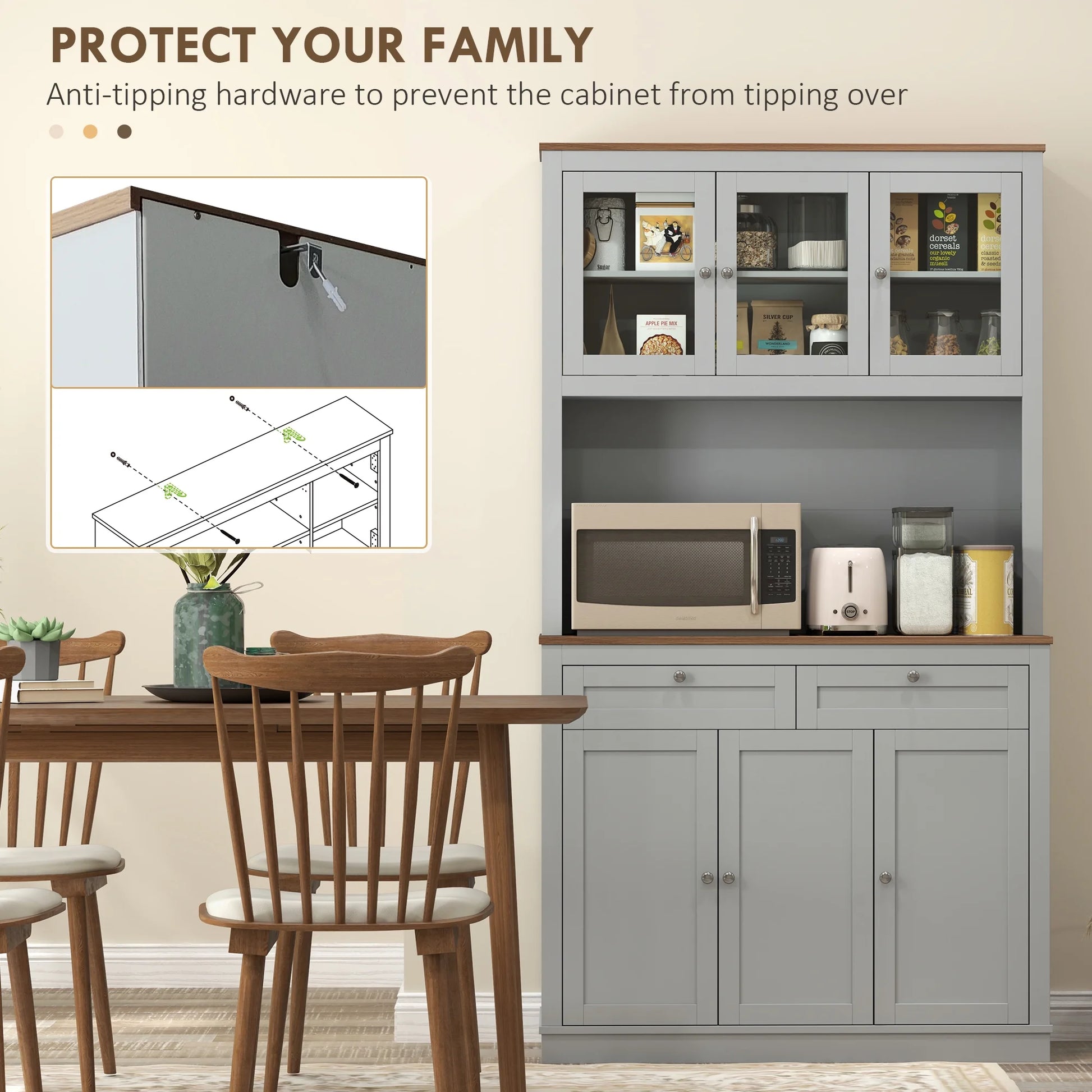 HOMCOM 71" Tall Kitchen Pantry Storage Cabinet with 2 Drawers, Microwave Cabinet with Adjustable Shelves and Glass Doors, Gray