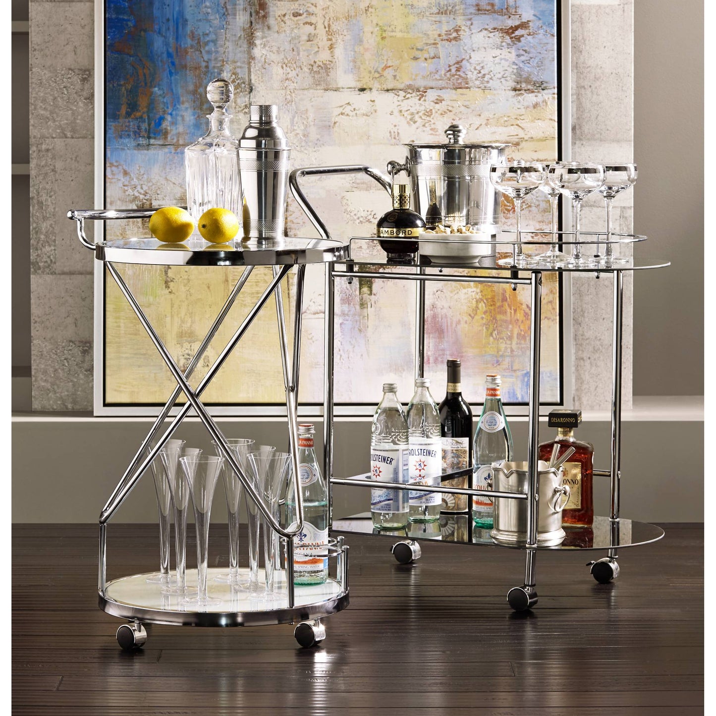 Studio 55D Page 29 1/2" High Glass and Chrome Rolling Serving Bar Cart