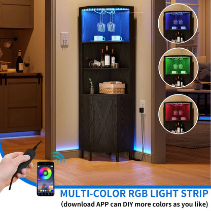 Dextrus 67" Corner Bar Cabinet with LED Lights, Wine Glass Holder & Storage Shelves, Black