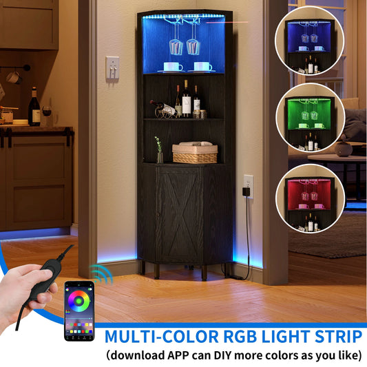 Dextrus 67" Corner Bar Cabinet with LED Lights, Wine Glass Holder & Storage Shelves, Black