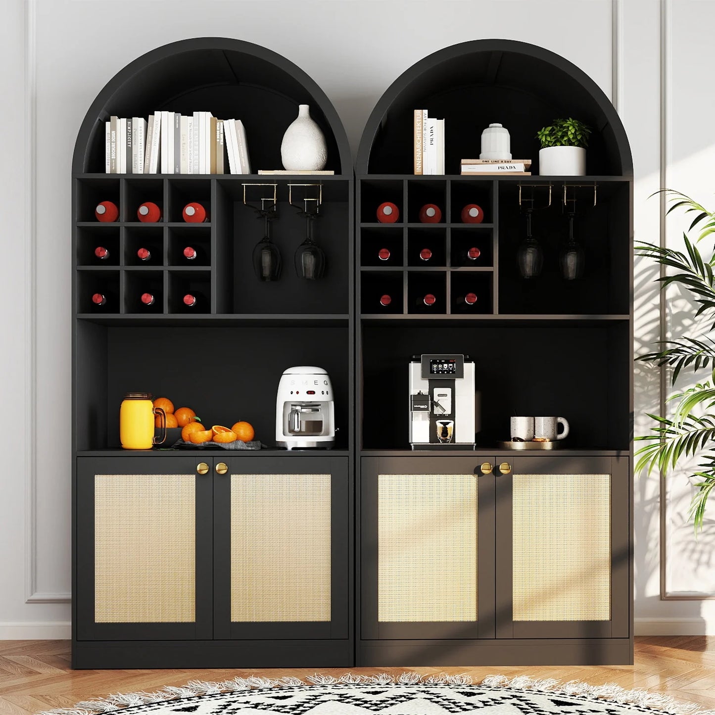 COSVALVE 71" Arched Bar Cabinet with Glass Holder, Wine Rack, Shelves, Doors, Arch Bookshelf (Black)