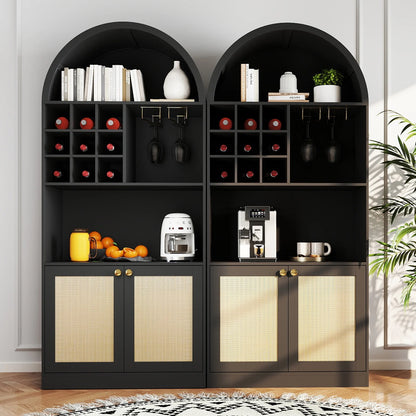 COSVALVE 71" Arched Bar Cabinet with Glass Holder, Wine Rack, Shelves, Doors, Arch Bookshelf (Black)