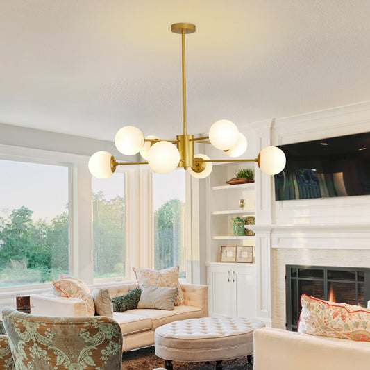 35" Modern 8-Light Gold Chandelier with White Glass Globe Shades, Mid-Century Branching Design, Elegant Ceiling Light Fixture for Dining Room, Living Room, or Bedroom (No Bulbs)