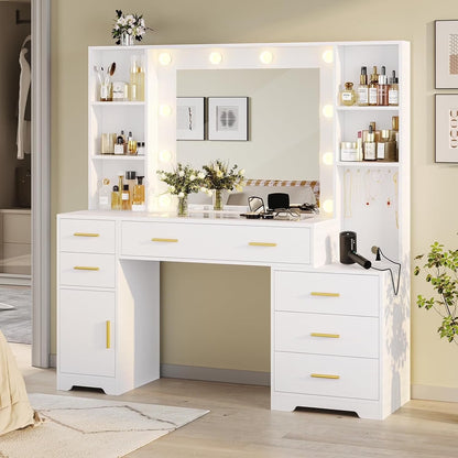 Makeup Vanity Desk with Lighted Mirror & Charging Stations & 6 Drawers Large Vanity Table Bedroom Dressing Table with Glass Tabletop& Side Cabinet& Glass Tabletop, Black
