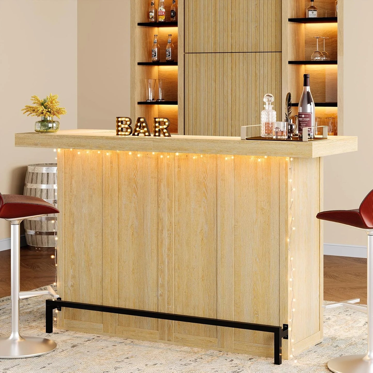 4-Tier Bar Table, 70.9-Inch Large Modern Home Bar Cabinet with Wine Glass Holder and Black Footrest