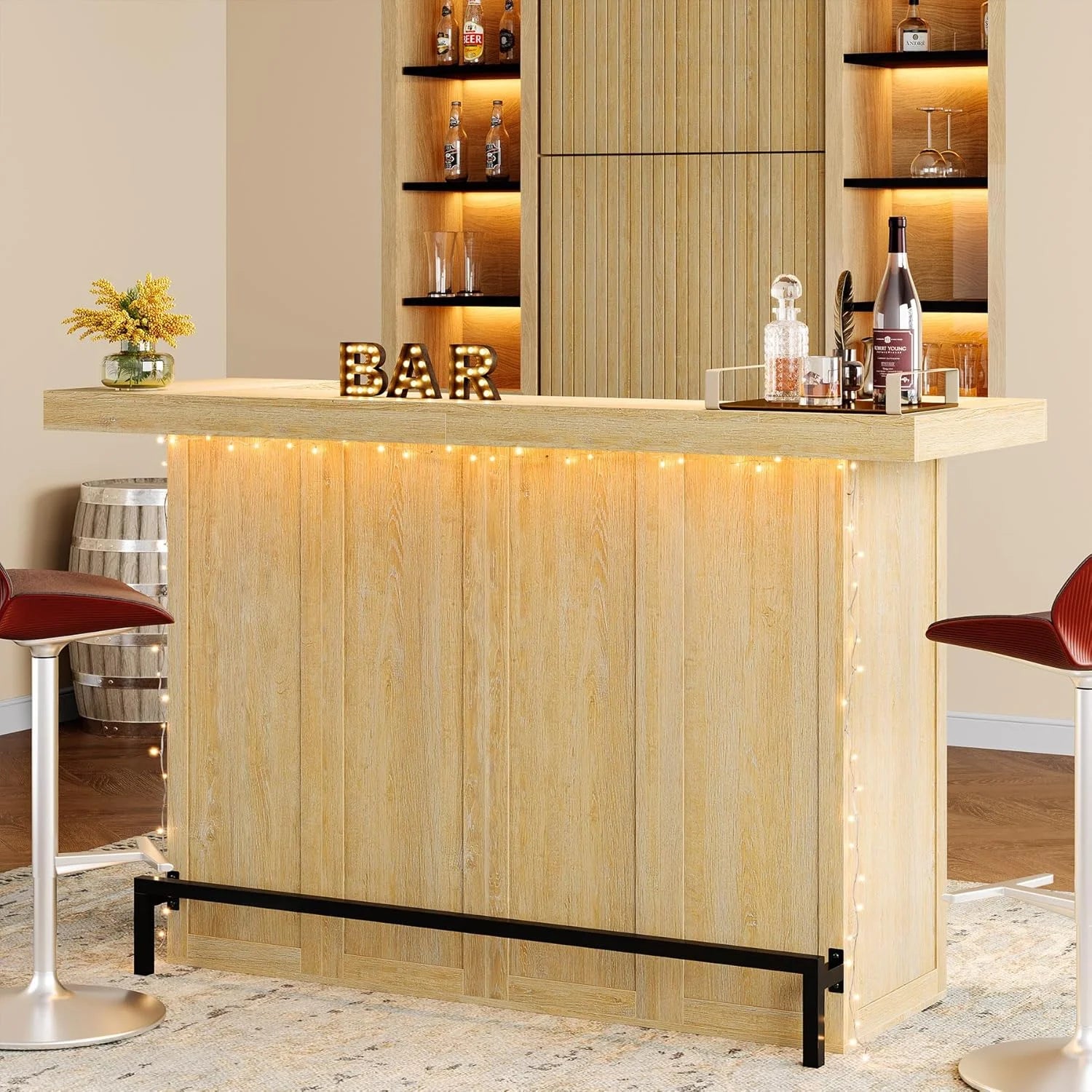 4-Tier Bar Table, 70.9-Inch Large Modern Home Bar Cabinet with Wine Glass Holder and Black Footrest