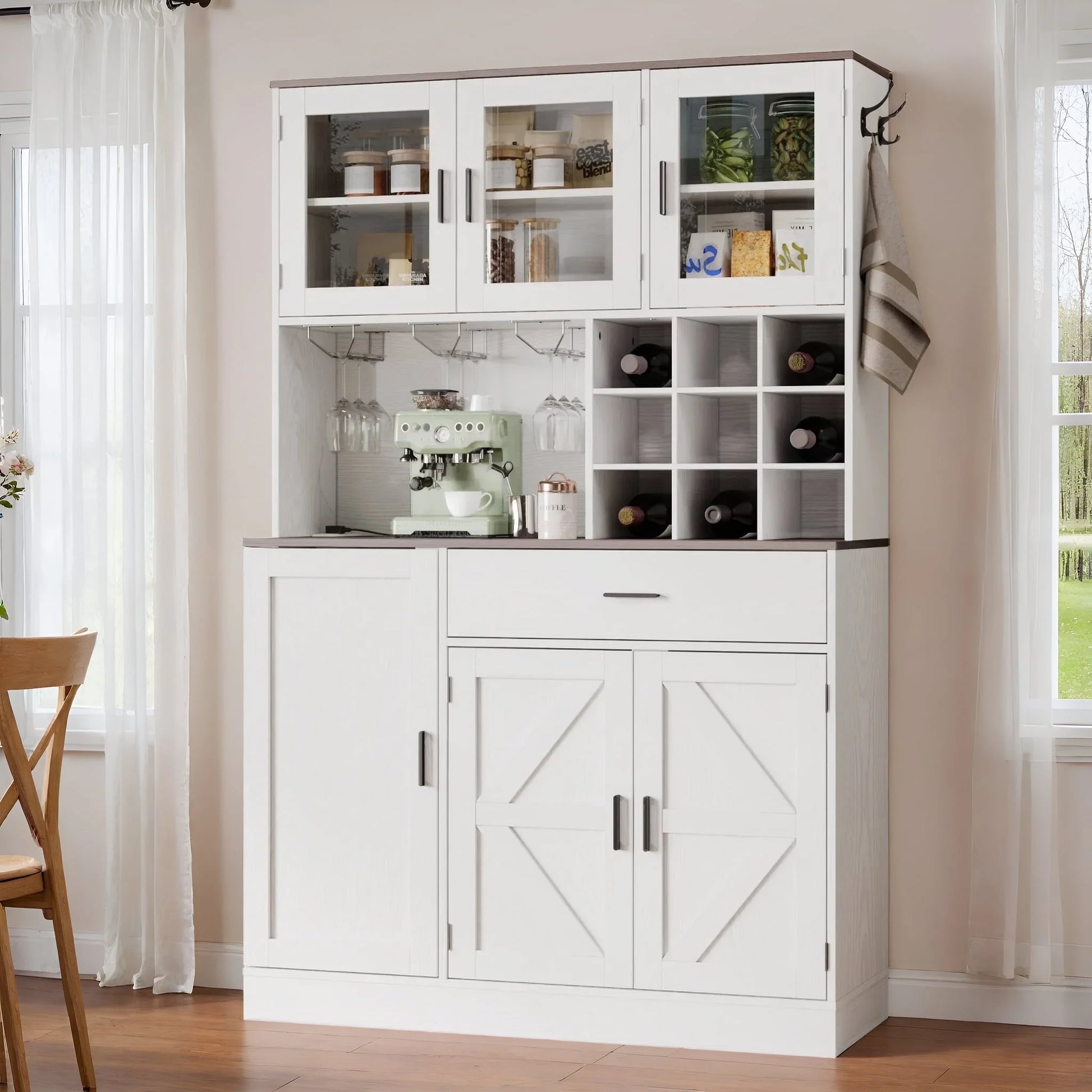 ANCTOR Kitchen Pantry Storage Cabinet with Glass Door, Kitchen Hutch Buffet Cabinet with Drawer, Power Outlet, Wine Rack