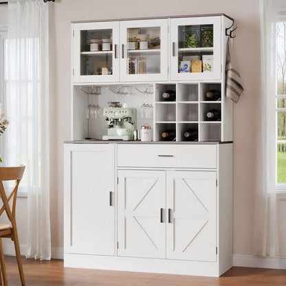 ANCTOR Kitchen Pantry Storage Cabinet with Glass Door, Kitchen Hutch Buffet Cabinet with Drawer, Power Outlet, Wine Rack