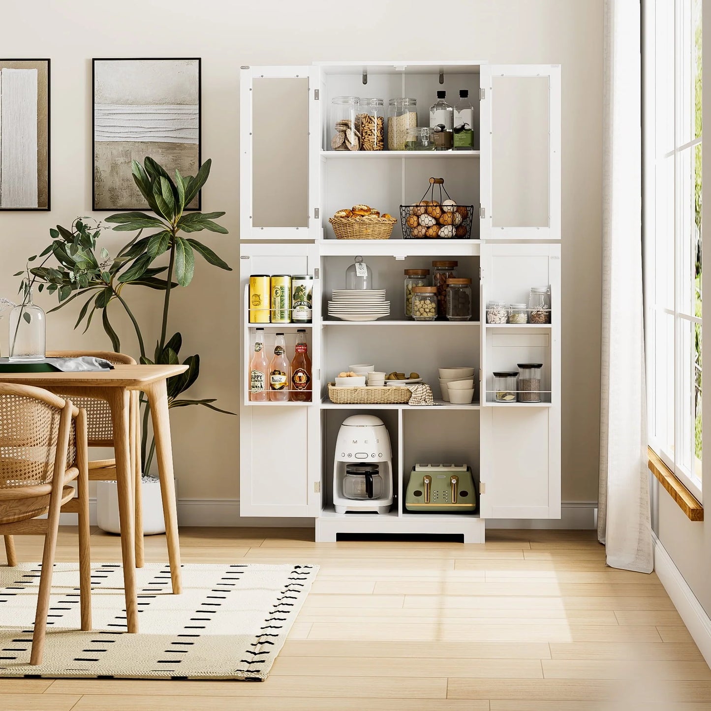 Homfa 67'' Farmhouse Kitchen Pantry Cabinet, Tall Storage Cabinet with Frosted Glass Doors for Dining Room, White