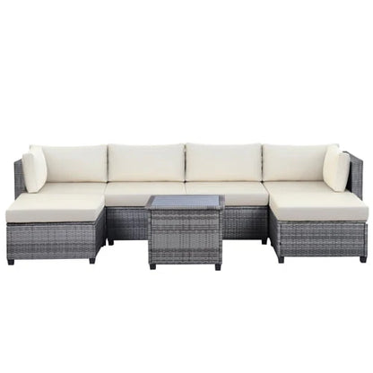 Wicker Patio Sofa Sets, 7 Pieces Outdoor Seating Sets, Lounge Sofa and Tempered Glass Coffee Table, Deck Front Garden Furniture Set, Brown Rattan + Beige Cushion