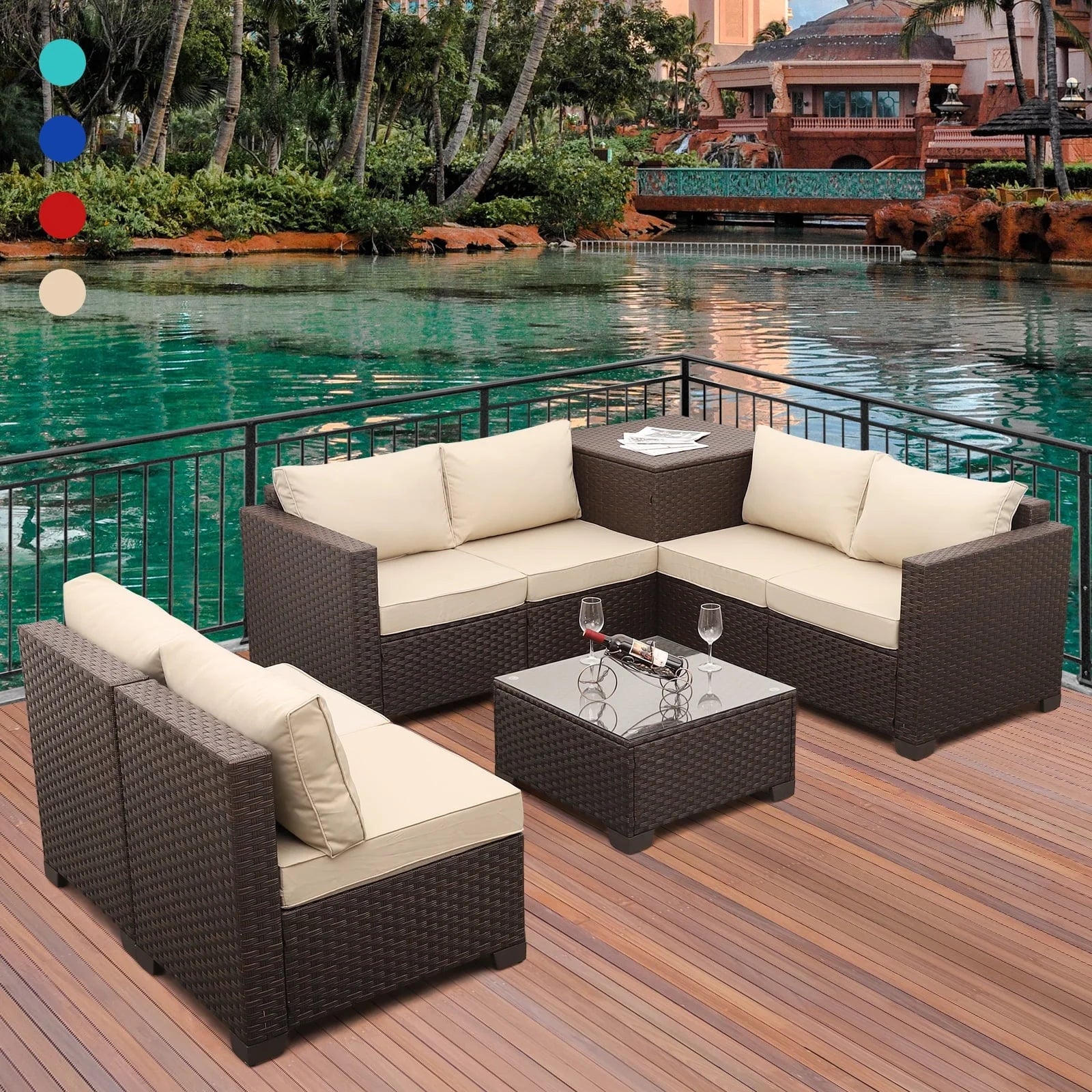 Waroom 6 Pieces Outdoor Furniture Patio Set with Storage Box,Glass Coffee Table,Khaki