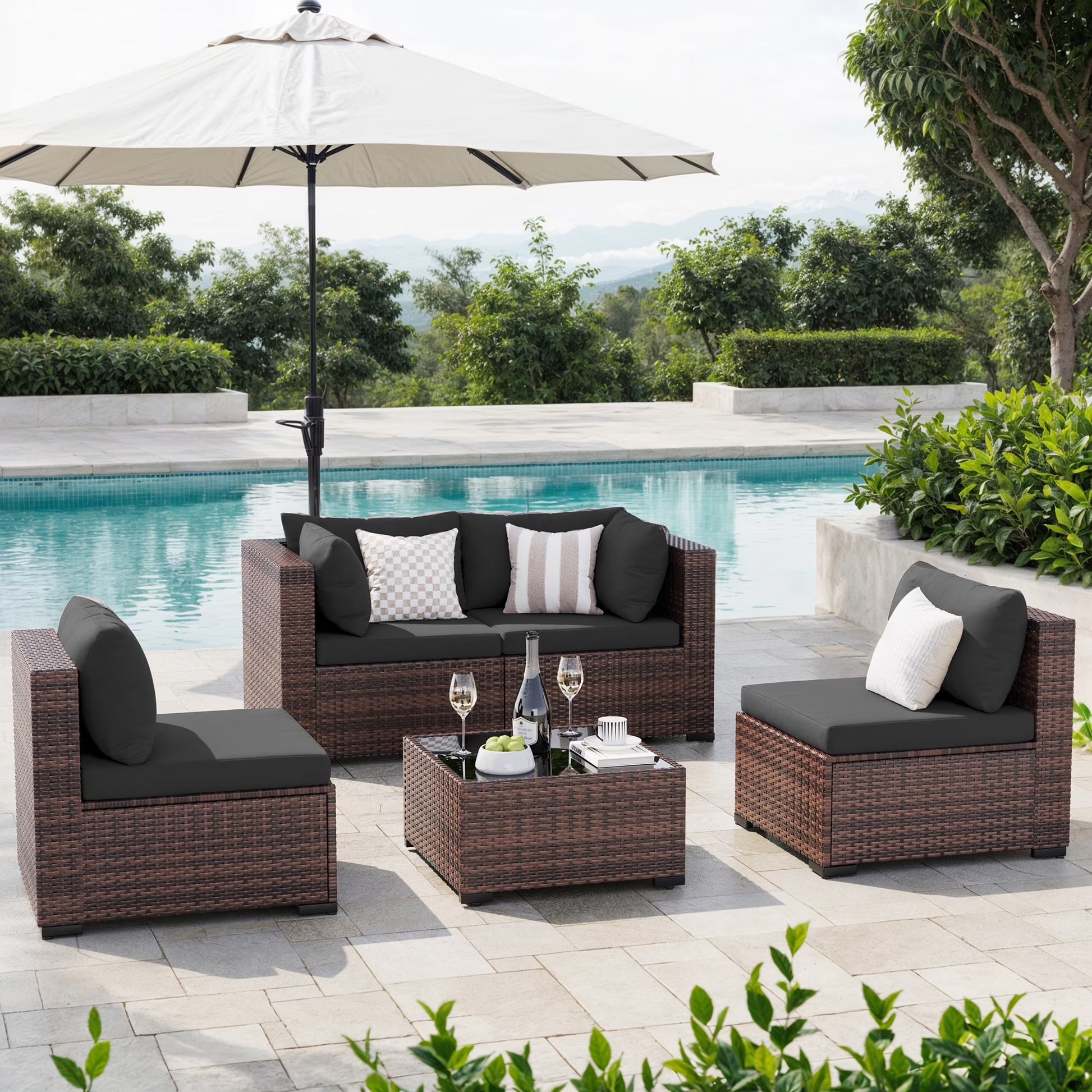 MRUAKA 5 Pieces Patio Furniture Set, Outdoor Furniture Sectional Rattan Sofa with Slanted Back, Patio Couch with Glass Coffee Table for Backyard Garden (Khaki)