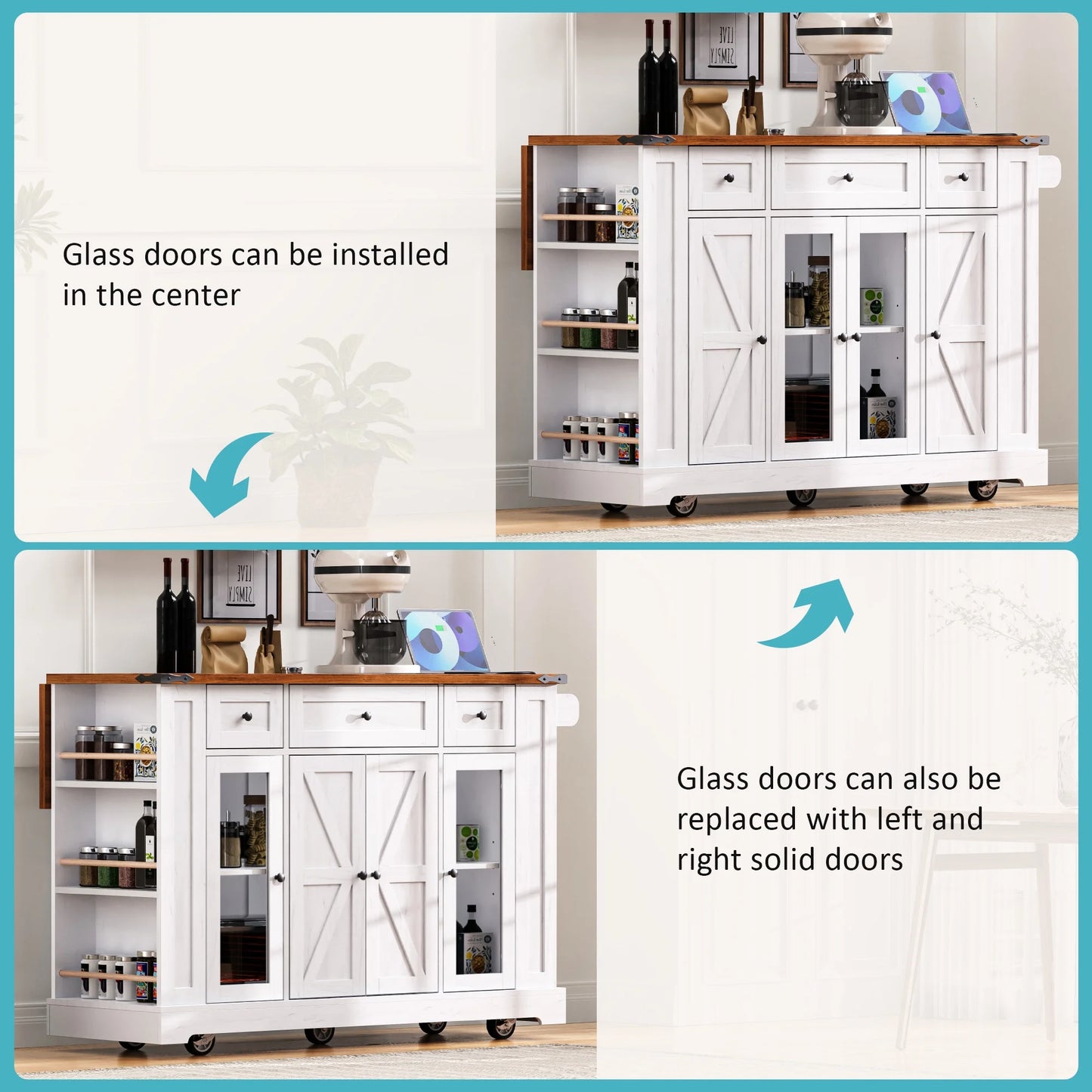 Euroco 53'' Farmhouse Kitchen Island with Two Tempered Glass Cabinet DoorsRolling Kitchen Cart on Wheels
