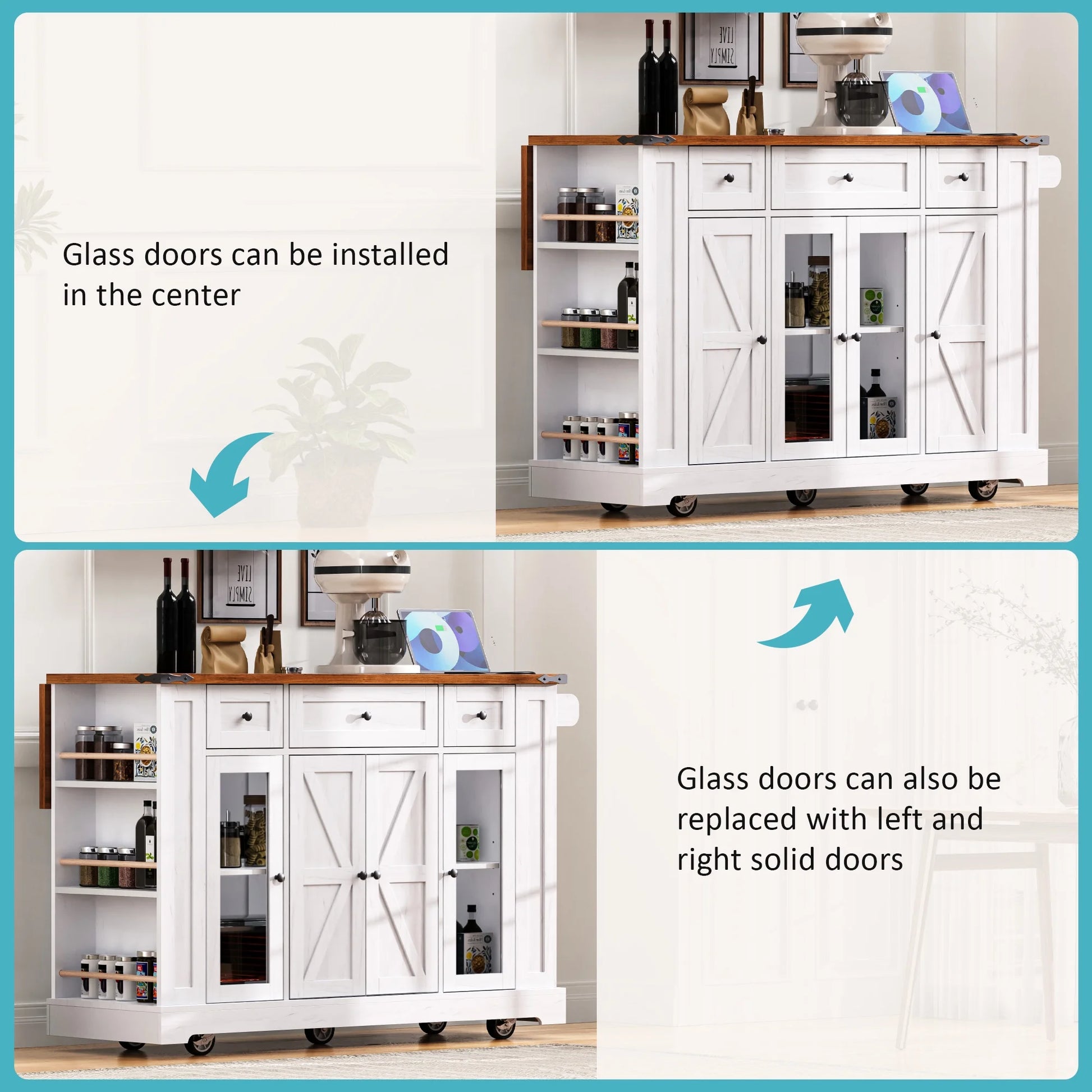 Euroco 53'' Farmhouse Kitchen Island with Two Tempered Glass Cabinet DoorsRolling Kitchen Cart on Wheels