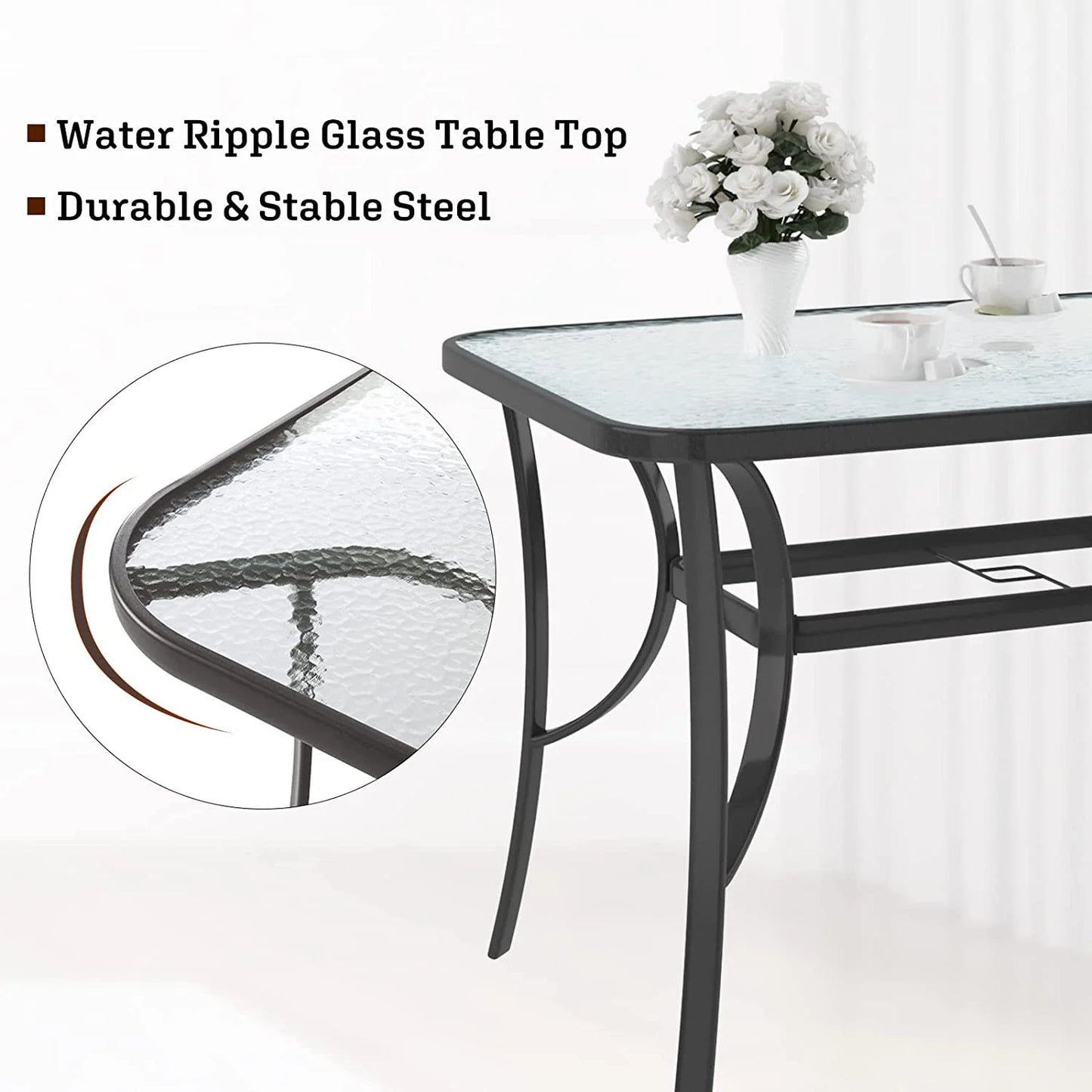 Soges 47 Inch Outdoor Tempered Glass Table Patio Table, Patio Coffee Table, Outdoor Dining Table for Garden, Balcony, Backyard, Poolside, Lawn, Bistro Table with Umbrella Hole, Black