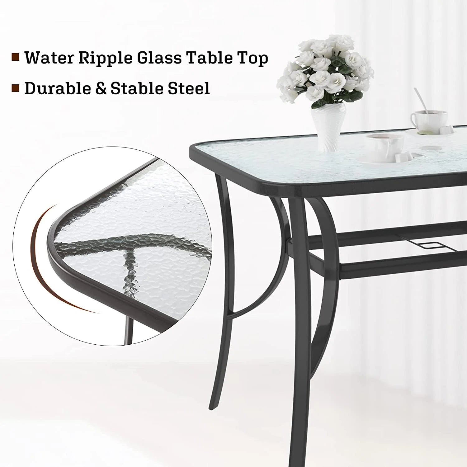 Soges 47 Inch Outdoor Tempered Glass Table Patio Table, Patio Coffee Table, Outdoor Dining Table for Garden, Balcony, Backyard, Poolside, Lawn, Bistro Table with Umbrella Hole, Black