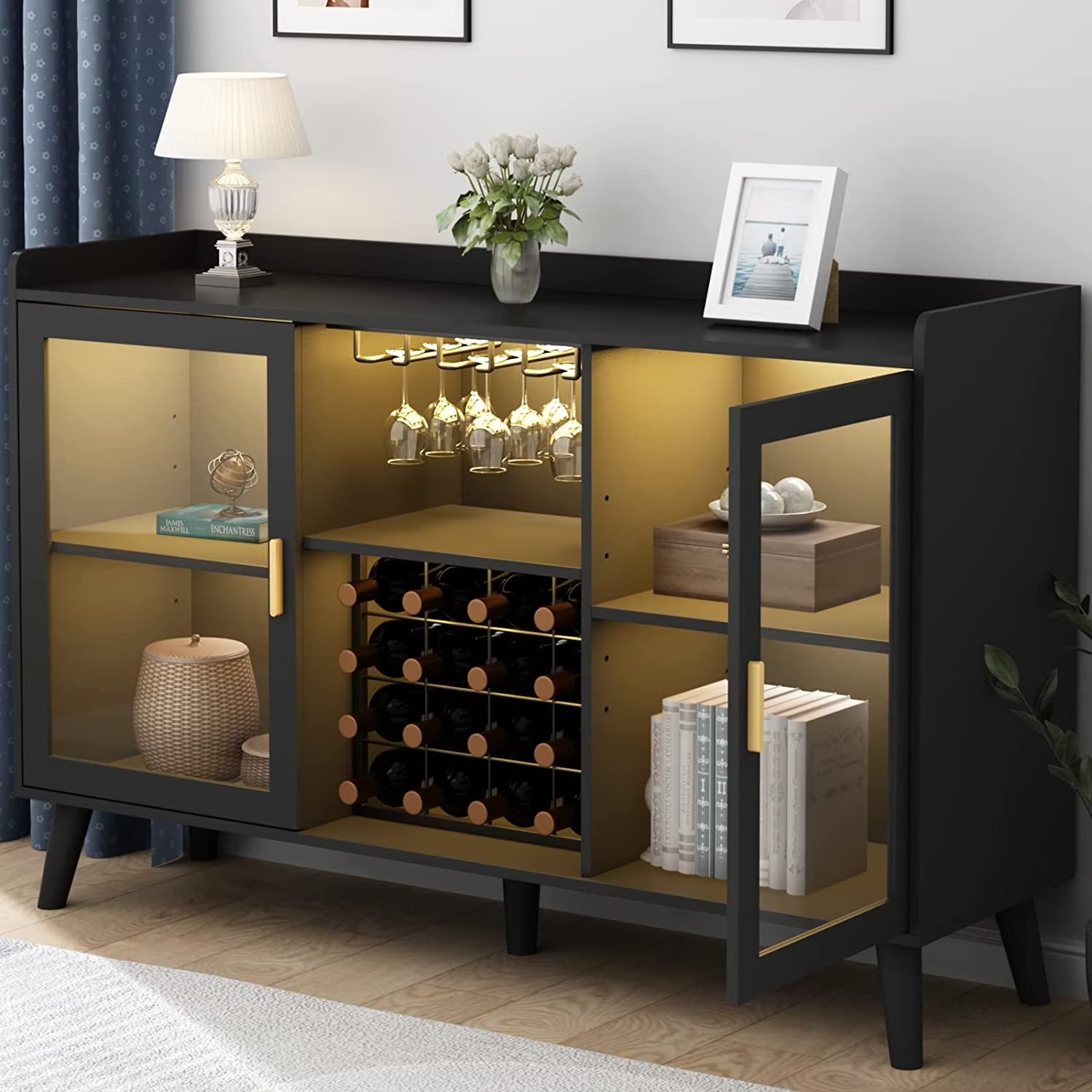LED Wine Bar Cabinet, Home Coffee Bar Cabinet With Wine Racks and Glass Holders, Buffet Sideboard With Acrylic Doors and Drawer for Dining Room, Bar, Living Room, Black