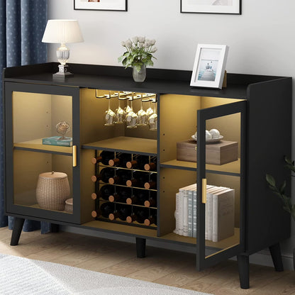 LED Wine Bar Cabinet, Home Coffee Bar Cabinet With Wine Racks and Glass Holders, Buffet Sideboard With Acrylic Doors and Drawer for Dining Room, Bar, Living Room, Black