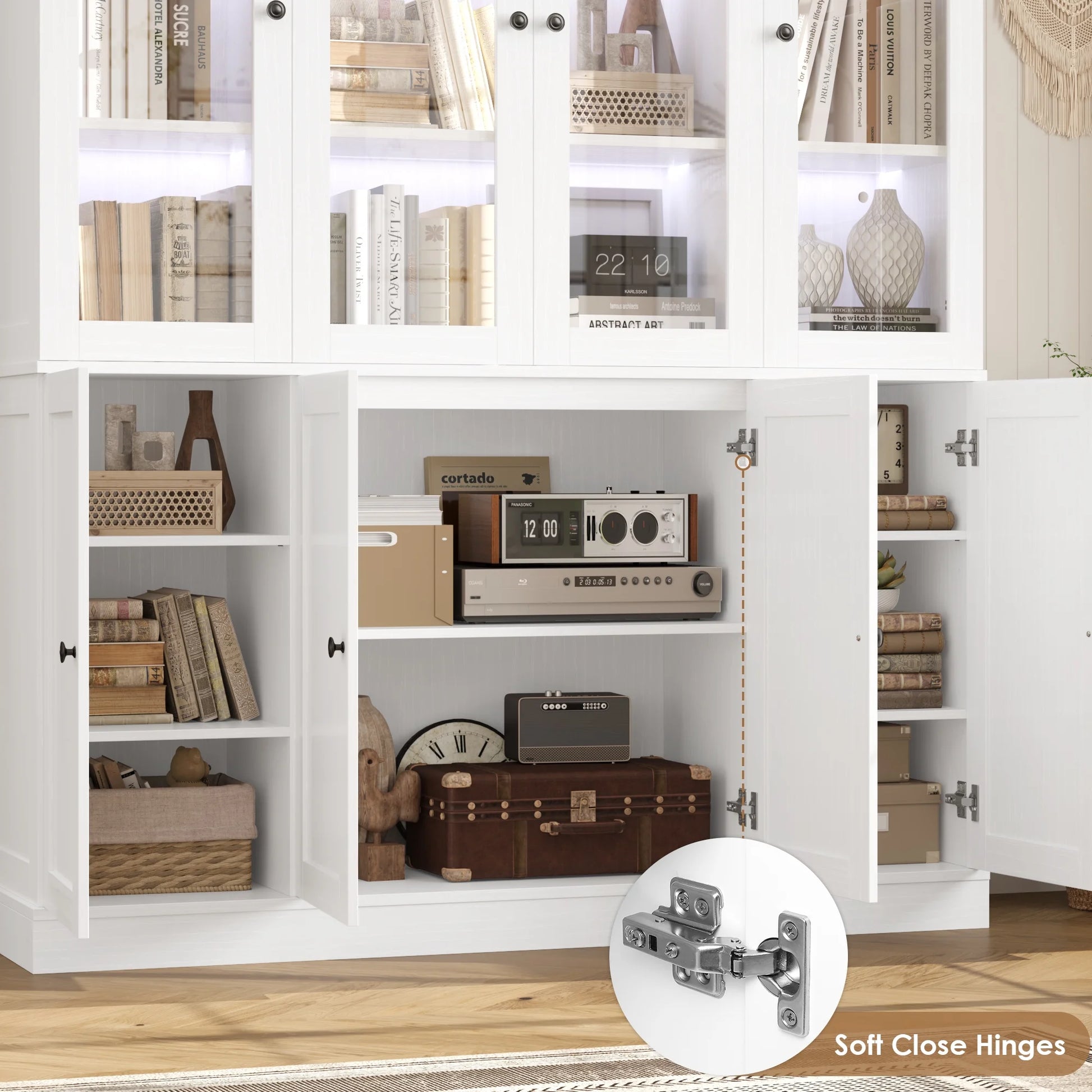 Homfa Kitchen Pantry Cabinet with Glass Doors, 74° Tall Display Cabinets with LED & Adjustable Shelves for Living Room Office, White