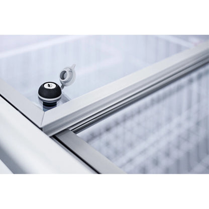 Flat top commercial ice cream freezer with sliding glass lid, digital thermostat, and novelty baskets