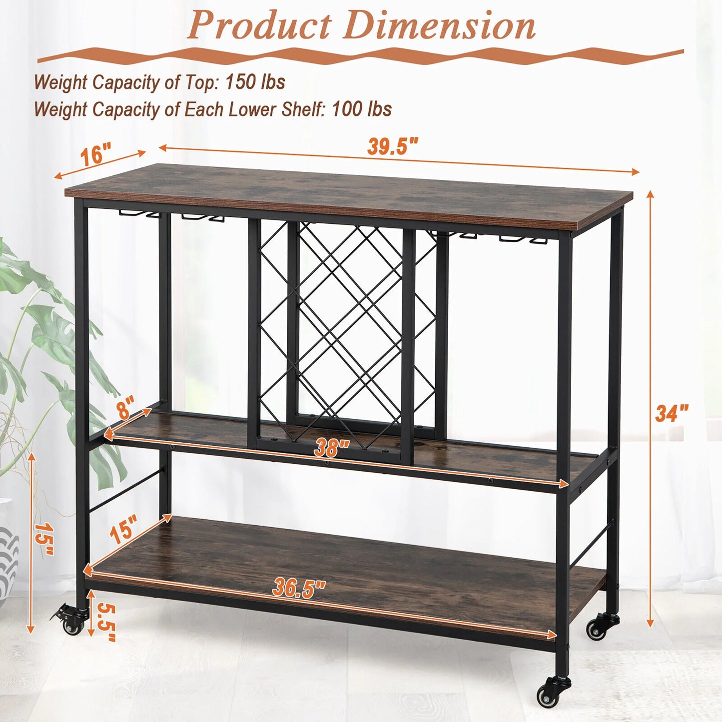 Gymax Industrial Liquor Bar Cart Rolling Kitchen Serving Cart w/Wine Rack Glass Holder
