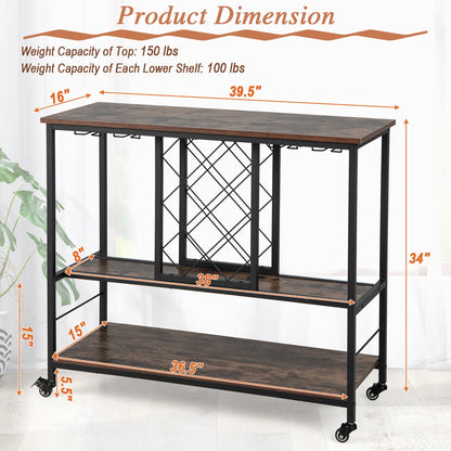 Gymax Industrial Liquor Bar Cart Rolling Kitchen Serving Cart w/Wine Rack Glass Holder