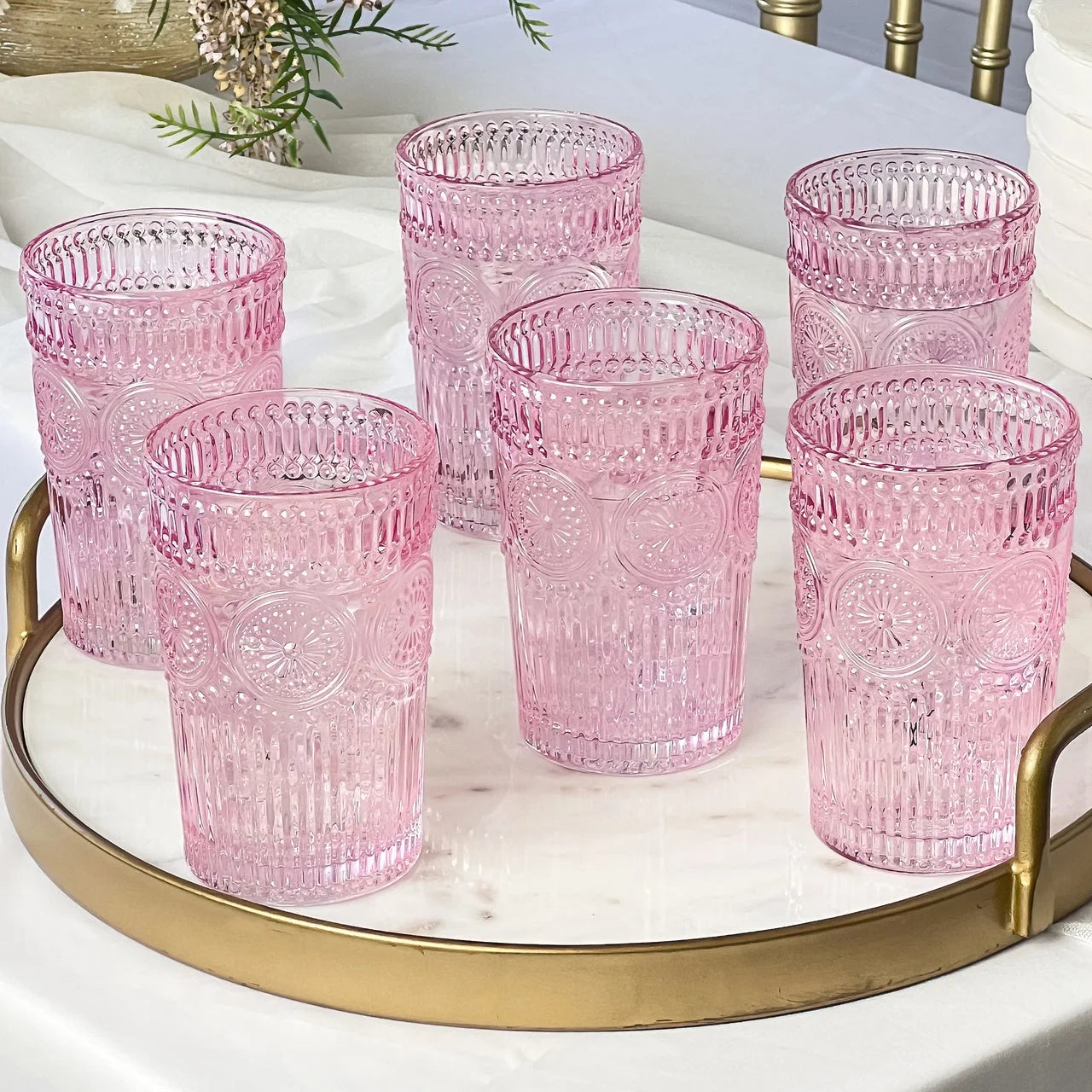 Vintage Textured Amber Striped Drinking Glasses Set of 24, (13 oz) Ribbed Glassware with Flower Design | Cocktail Set, Juice Glass, Water Tumbler