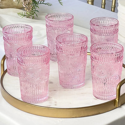 Vintage Textured Amber Striped Drinking Glasses Set of 24, (13 oz) Ribbed Glassware with Flower Design | Cocktail Set, Juice Glass, Water Tumbler