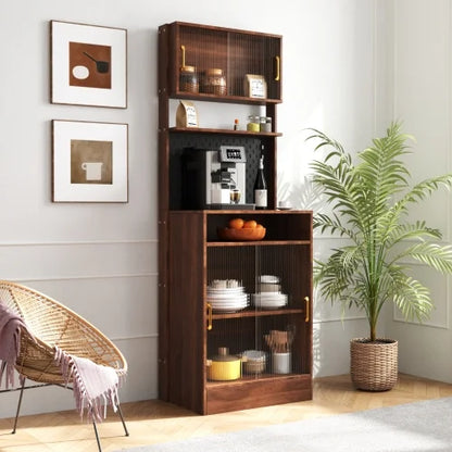 Kitchen Pantry Storage Cabinet with Hutch 25 inch Wide Tall Freestanding Food Kitchen Cabinet Pantry Cupboard with Reeded Glass Doors, Pegboard, Countertop Farmhouse 25 W x 71 H x 16 D Inch