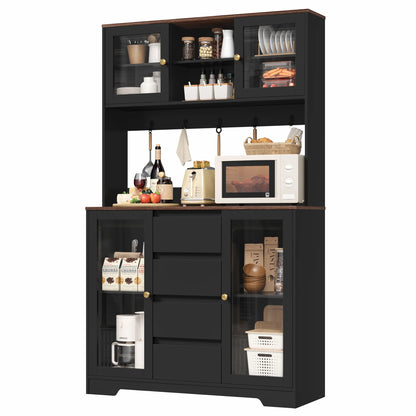 Homfa 71'' Pantry Hutch with Cabinet & Drawers for Kitchen, Glass Doors Storage Cabinet with Adjustable Shelves for Dining Room, Black