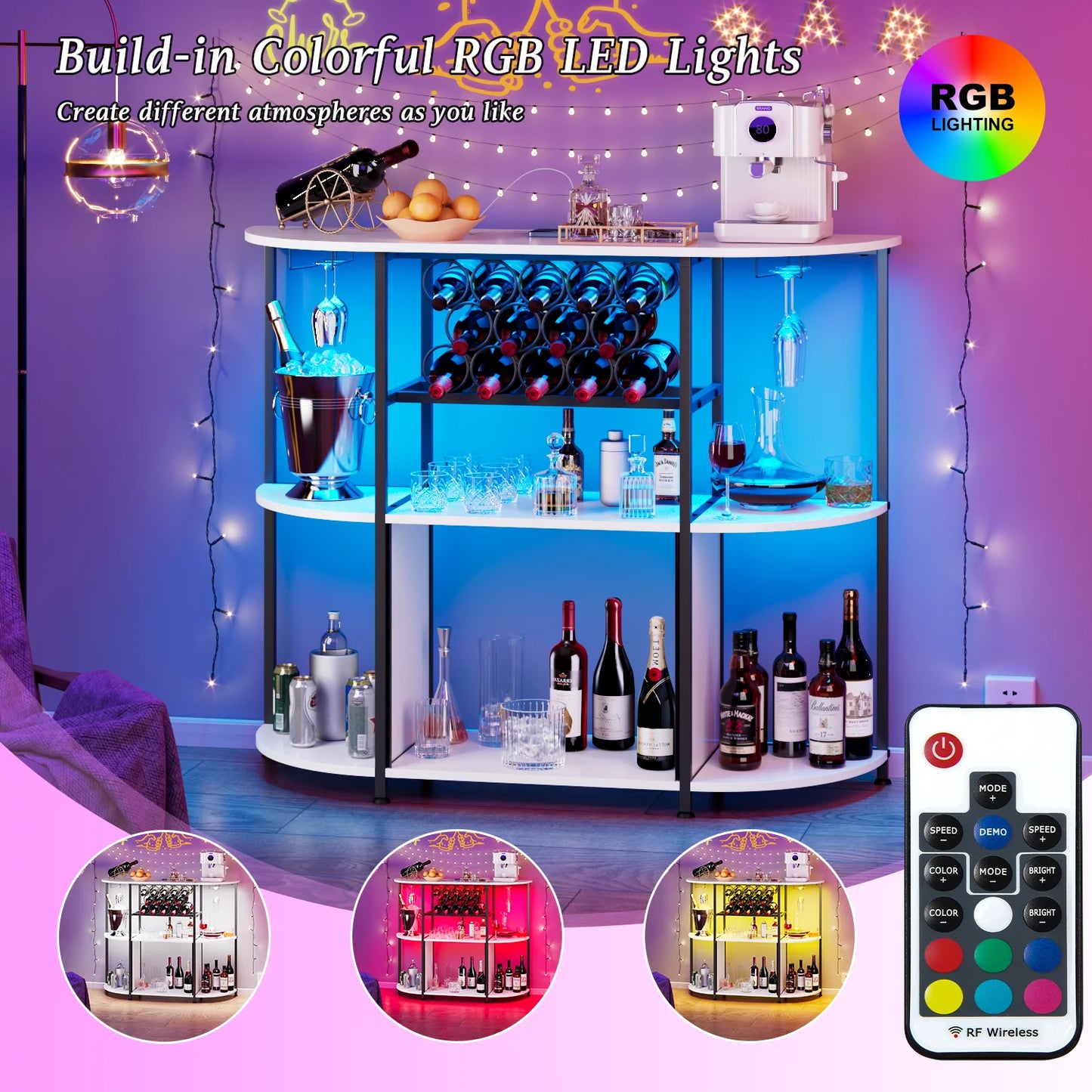 BOSSIN Bar Cabinet with Power Outlet & LED Home,Coffee Bar Cabinet for Liquor,Bar Cart with 4-Tier Storage for Bottles and Glass Holder