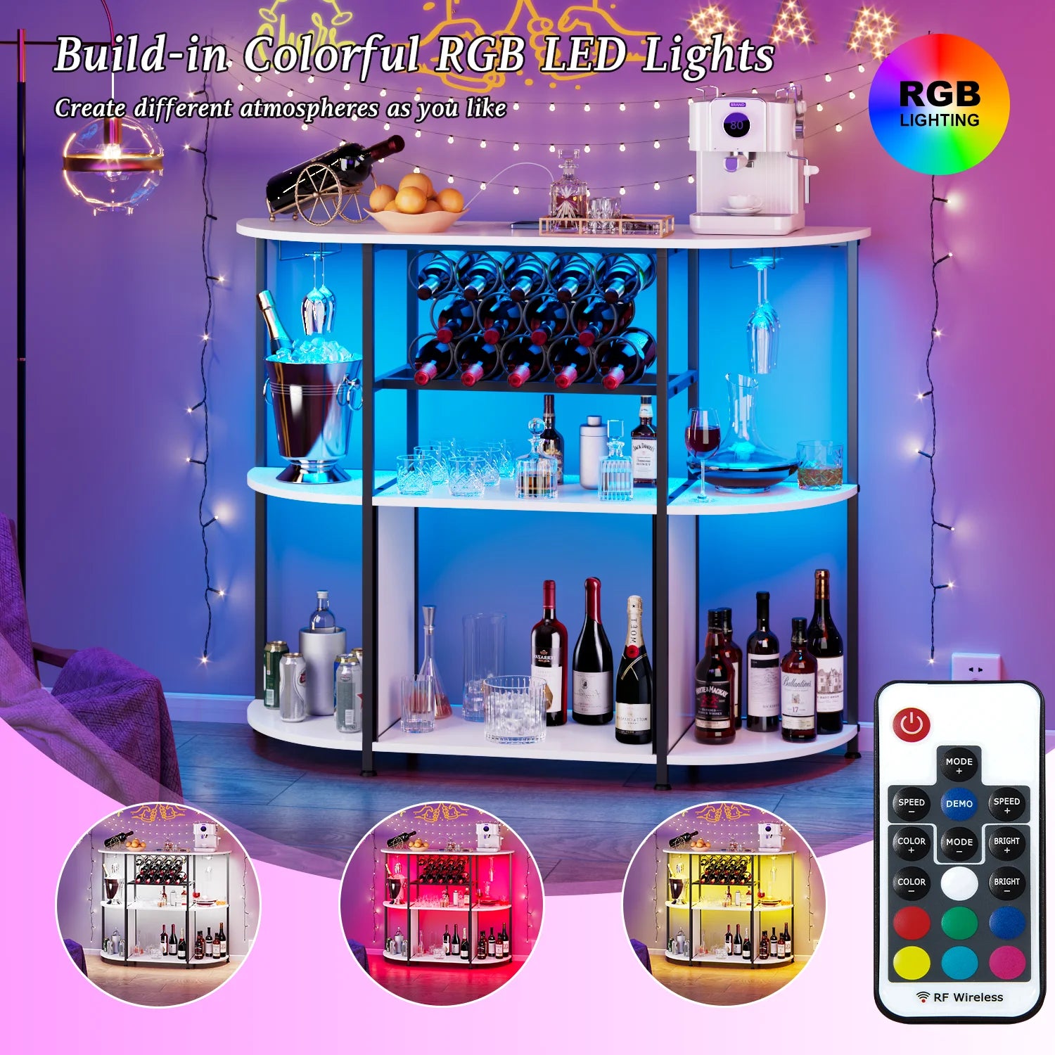 BOSSIN Bar Cabinet with Power Outlet & LED Home,Coffee Bar Cabinet for Liquor,Bar Cart with 4-Tier Storage for Bottles and Glass Holder