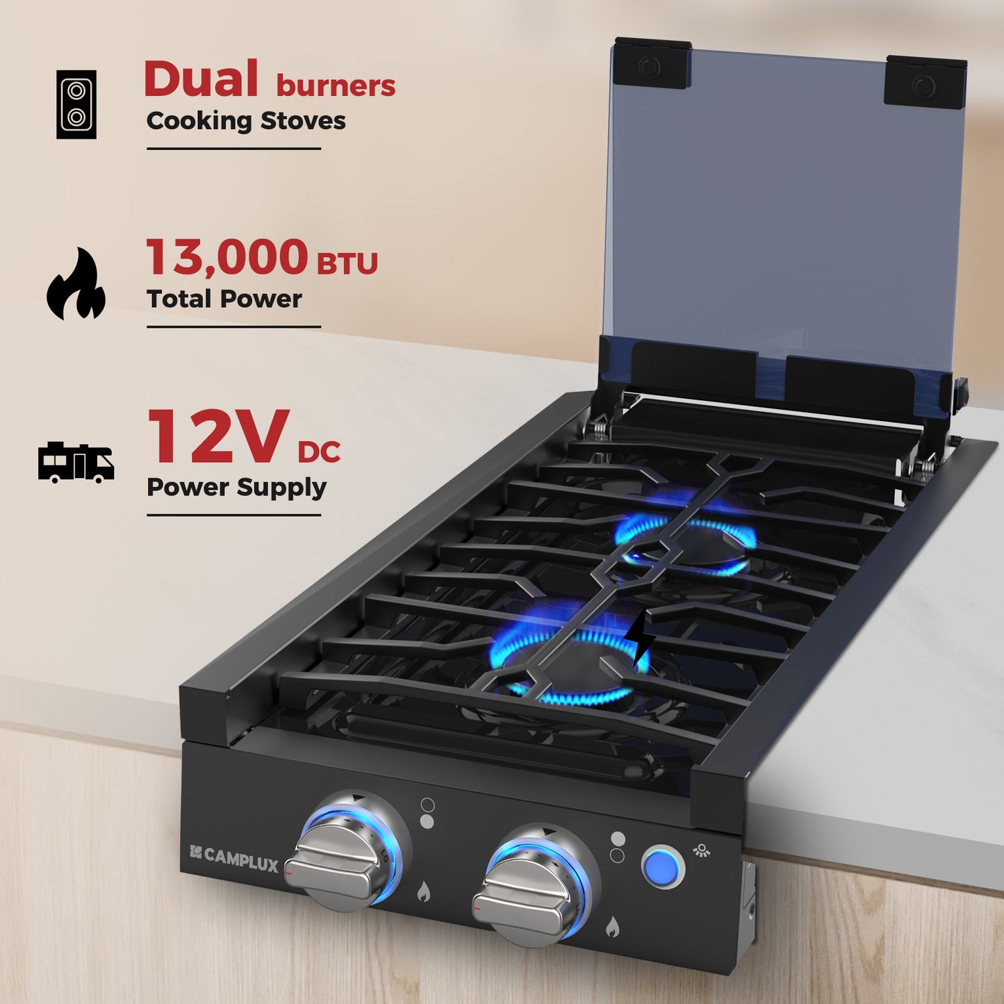 CAMPLUX RV Cooktop 2 Burners Slide-in, Outdoor Propane Cooktop Stove with Tempered Glass Cover, 12 inches Gas Rangetop, 13,000BTU, Black
