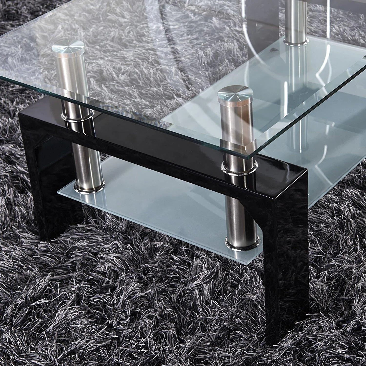 Ktaxon Rectangular Glass Coffee Table Shelf Wood Living Room Furniture Chrome Base,Black