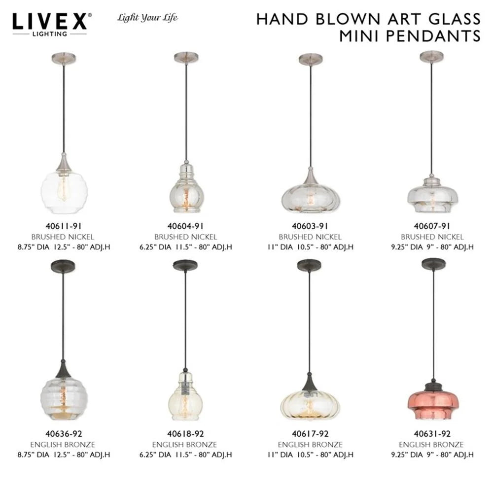 Livex Lighting 11" 1-Light Smoke Glass & Metal Single Pendant in Brushed Nickel