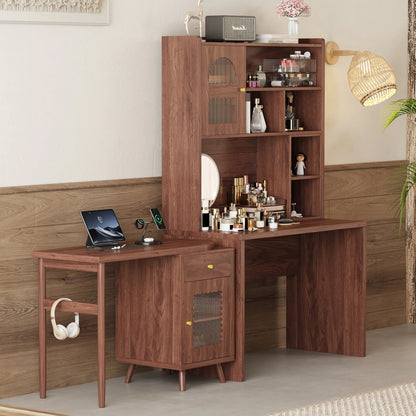 43'' Computer Desk with 90 Degree Rotating Desktop, L-Shaped Home Office Desk with Hutch and Drawer, Writing Desk with Storage Cabinet and Glass Doors for Bedroom Living Room, Walnut