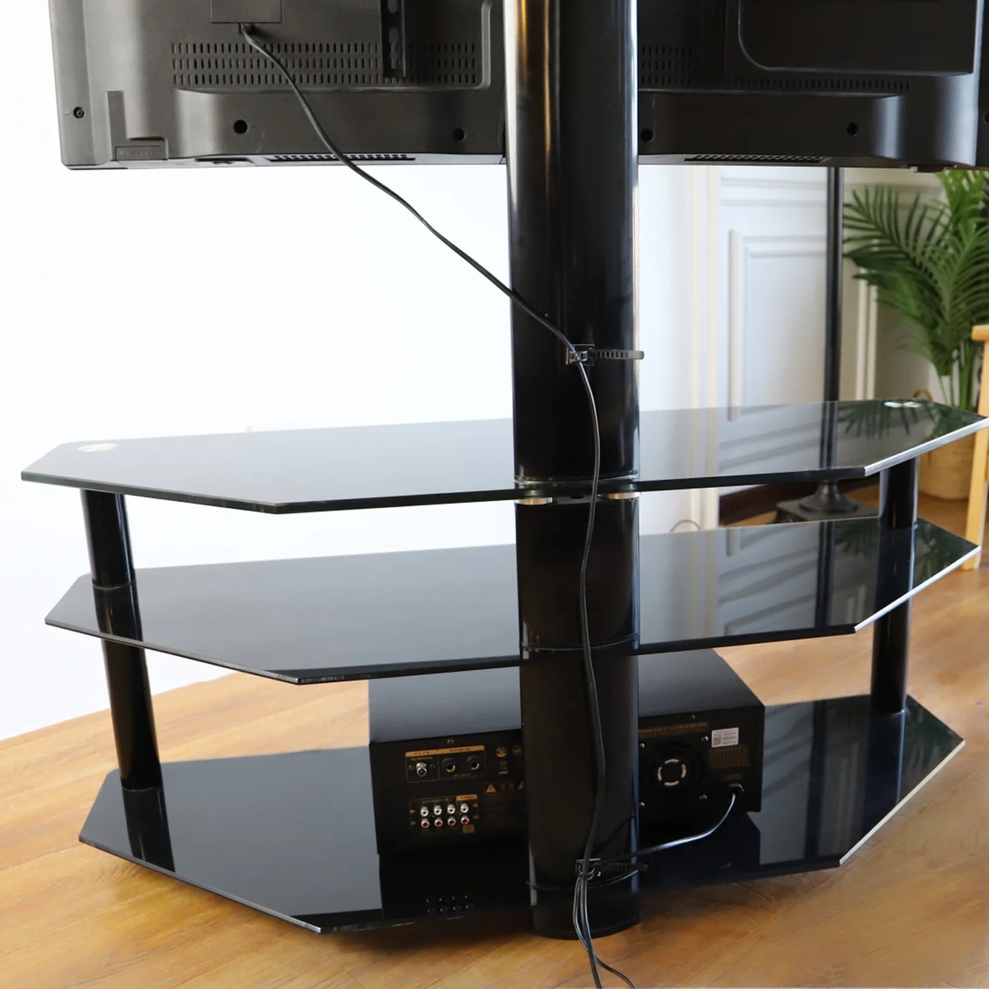 RTVR Modern 3 in 1 TV Stand with Mount for Flat Screens up to 65 inch, Black Glass Corner TV Stand for Bedroom