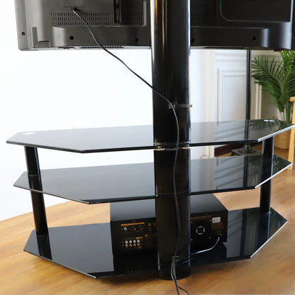 RTVR Modern 3 in 1 TV Stand with Mount for Flat Screens up to 65 inch, Black Glass Corner TV Stand for Bedroom