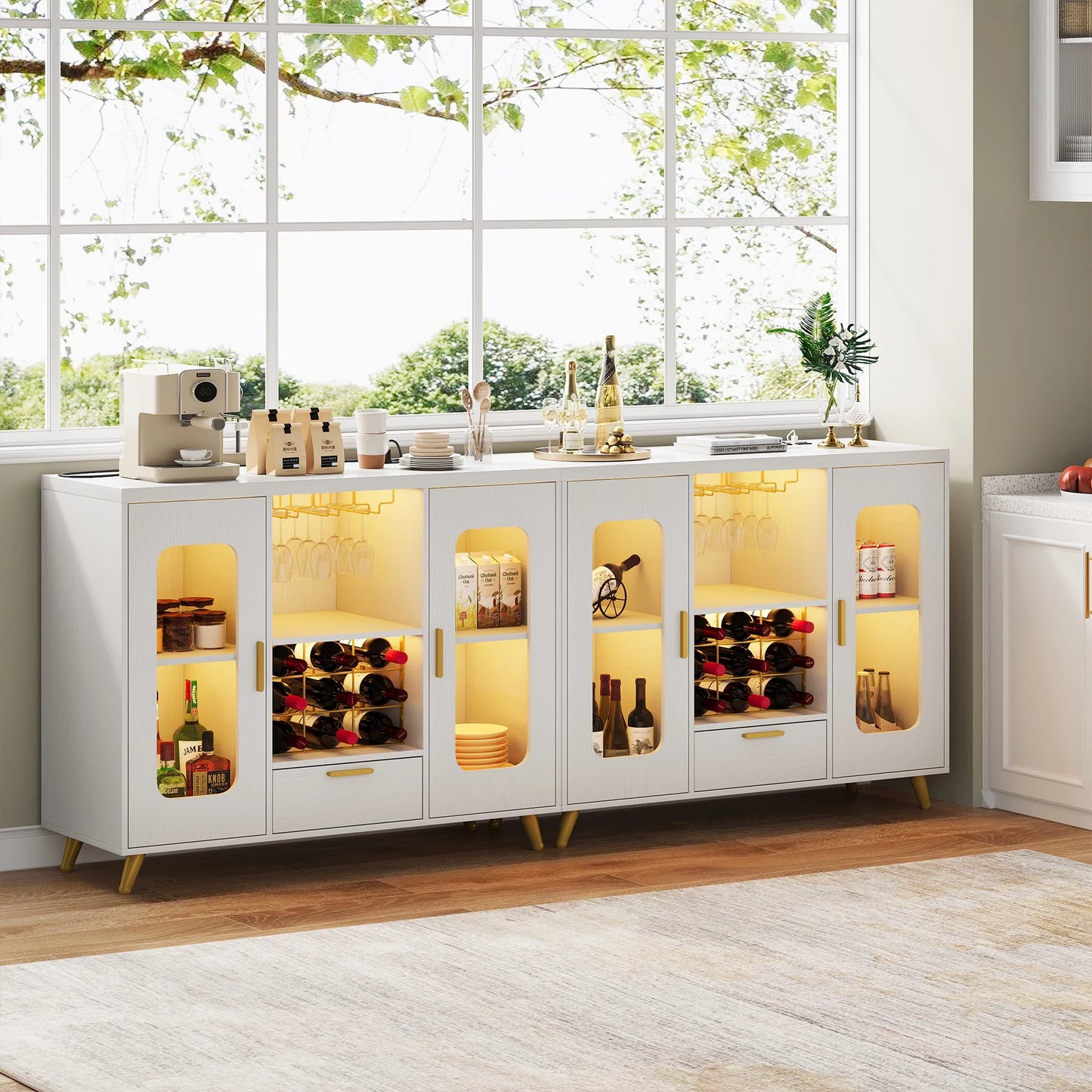 Condemo Wine Bar Cabinet with LED Light & Power Outlet, Liquor Cabinet with Wine Rack and Glass Holder for Dining Room, Living Room, Kitchen, White