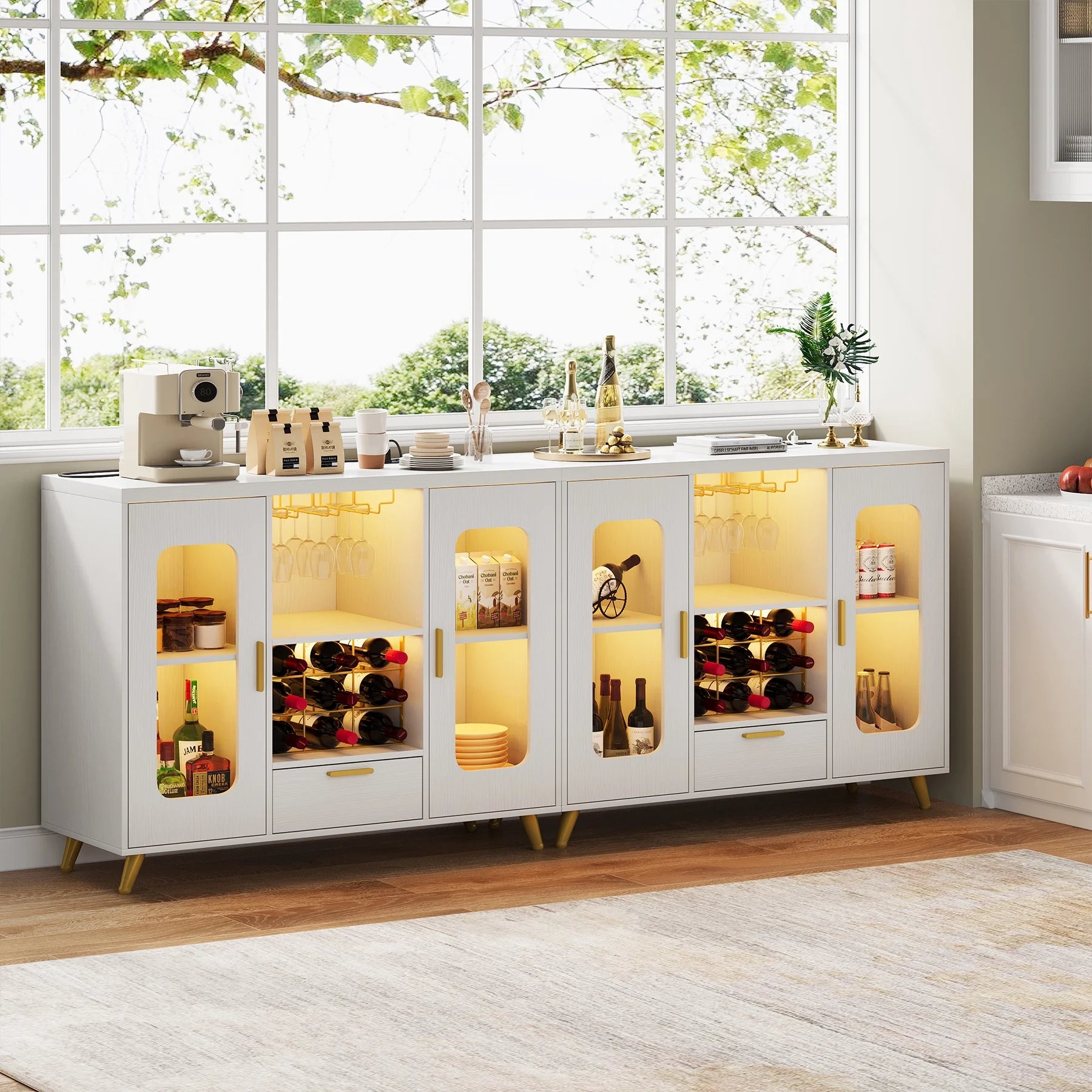 Condemo Wine Bar Cabinet with LED Light & Power Outlet, Liquor Cabinet with Wine Rack and Glass Holder for Dining Room, Living Room, Kitchen, White