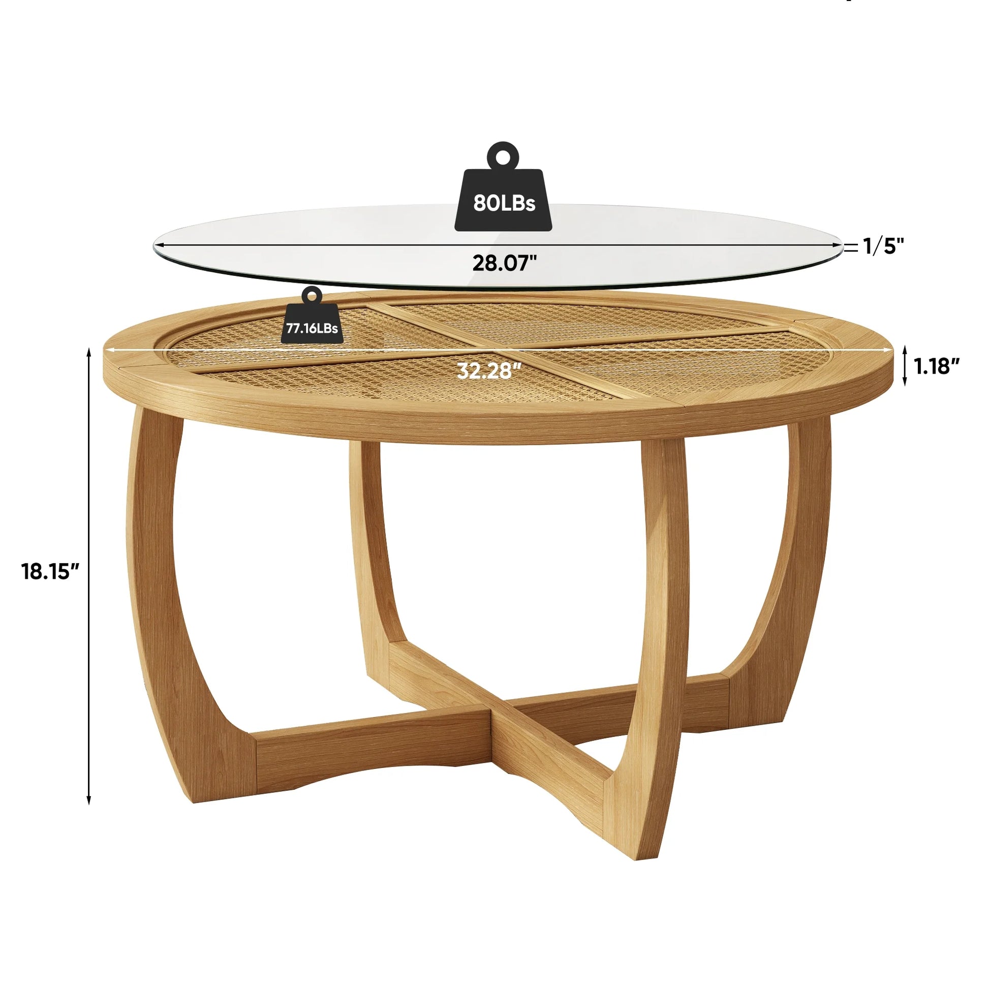 Round Wood Coffee Table with Glass Rattan Top, Wooden Circle Center Table with Curved Legs & Removeable Tempered Glasstop, Cocktail Table for Living Room, Light Brown 32.28" x 18.15"