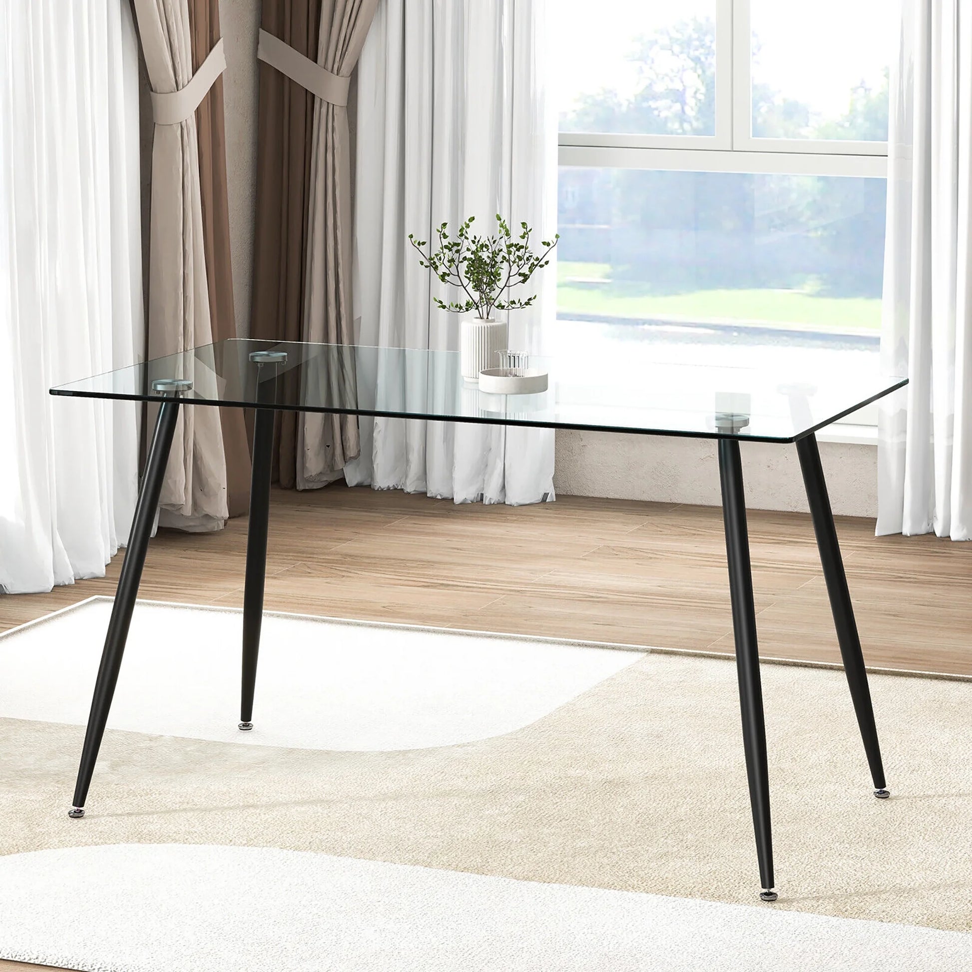 Gymax Modern Glass Dining Table Rectangular Dining Room Table W/Metal Legs For Kitchen Silver